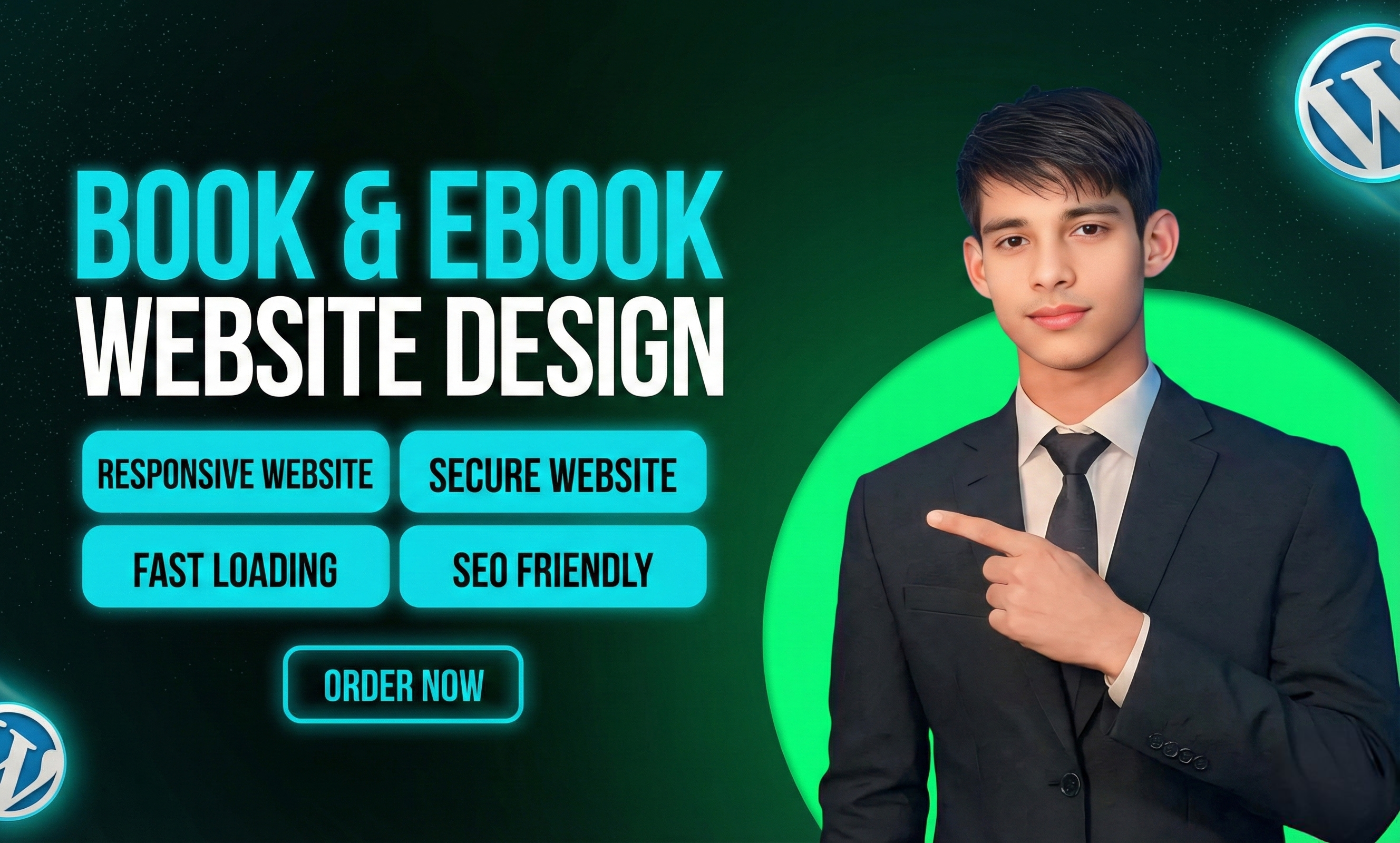 Gig cover image showcasing Book and eBook Website Design service by Akaeid Hasan, professional WordPress web developer. The image features Akaeid Hasan wearing a formal suit and pointing towards bold headline text “Book & eBook Website Design” on a green and dark gradient background with WordPress logo. The design includes highlighted features such as responsive website, secure website, fast loading, and SEO friendly structure along with an order now button. This visual represents professional book selling and eBook platform websites built with secure layout, mobile responsiveness, optimized speed performance, and search engine friendly structure developed by Akaeid Hasan using WordPress and Elementor.